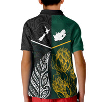 South Africa and New Zealand Kid Polo Shirt King Protea and Silver Fern Mix Culture Pattern LT03 - Polynesian Pride
