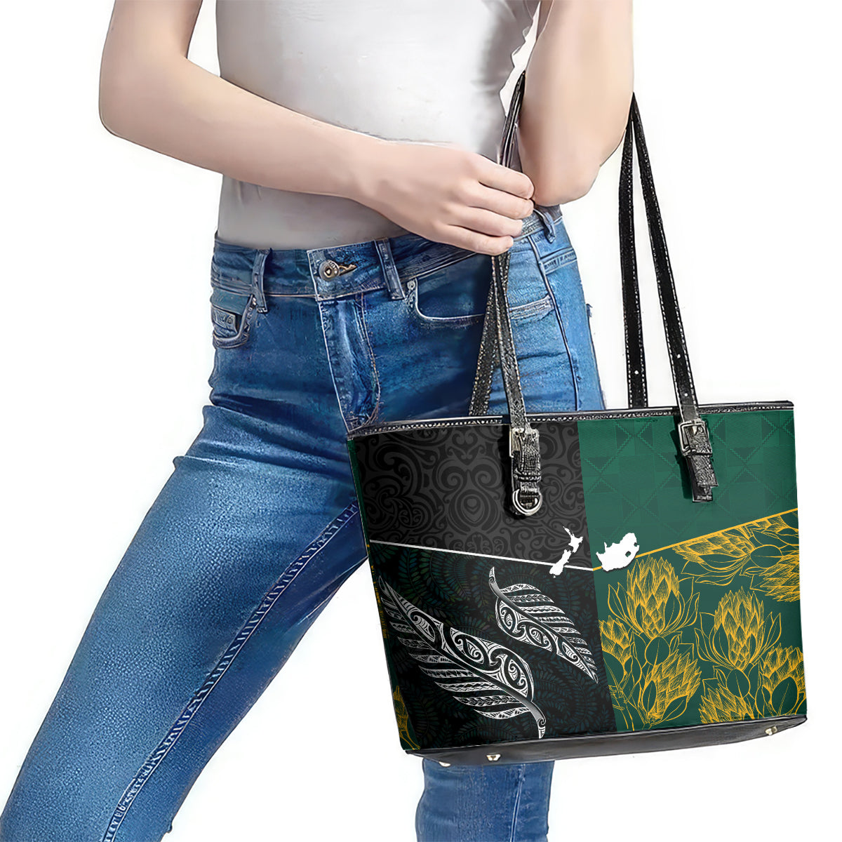 South Africa and New Zealand Leather Tote Bag King Protea and Silver Fern Mix Culture Pattern LT03 - Polynesian Pride