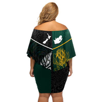 South Africa and New Zealand Off Shoulder Short Dress King Protea and Silver Fern Mix Culture Pattern LT03 - Polynesian Pride