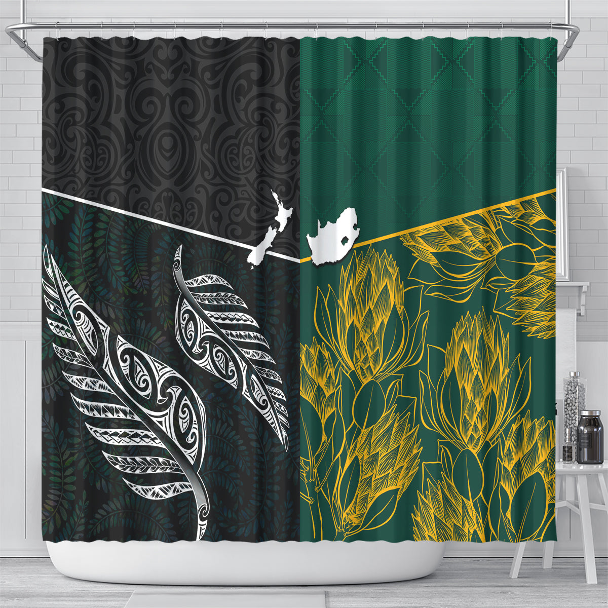 South Africa and New Zealand Shower Curtain King Protea and Silver Fern Mix Culture Pattern LT03 - Polynesian Pride