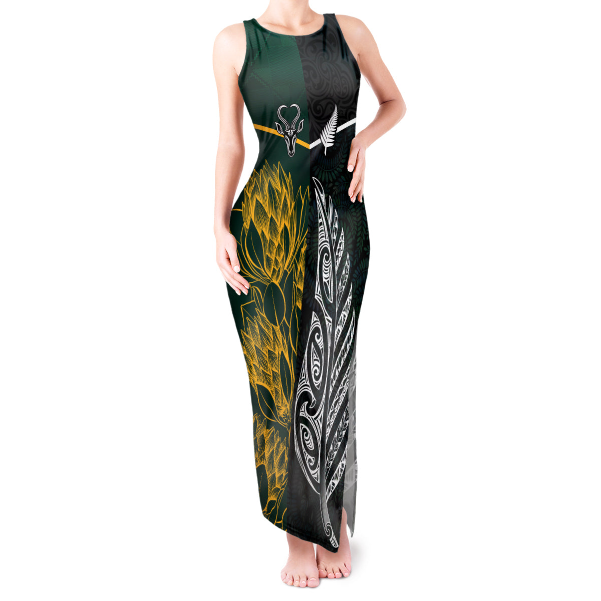 South Africa and New Zealand Tank Maxi Dress King Protea and Silver Fern Mix Culture Pattern LT03 Women Black - Polynesian Pride