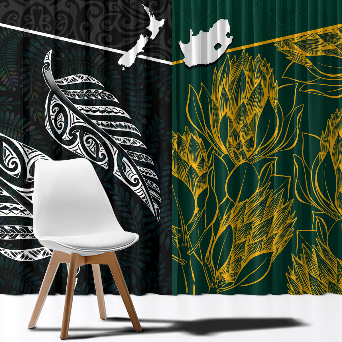 South Africa and New Zealand Window Curtain King Protea and Silver Fern Mix Culture Pattern LT03 - Polynesian Pride