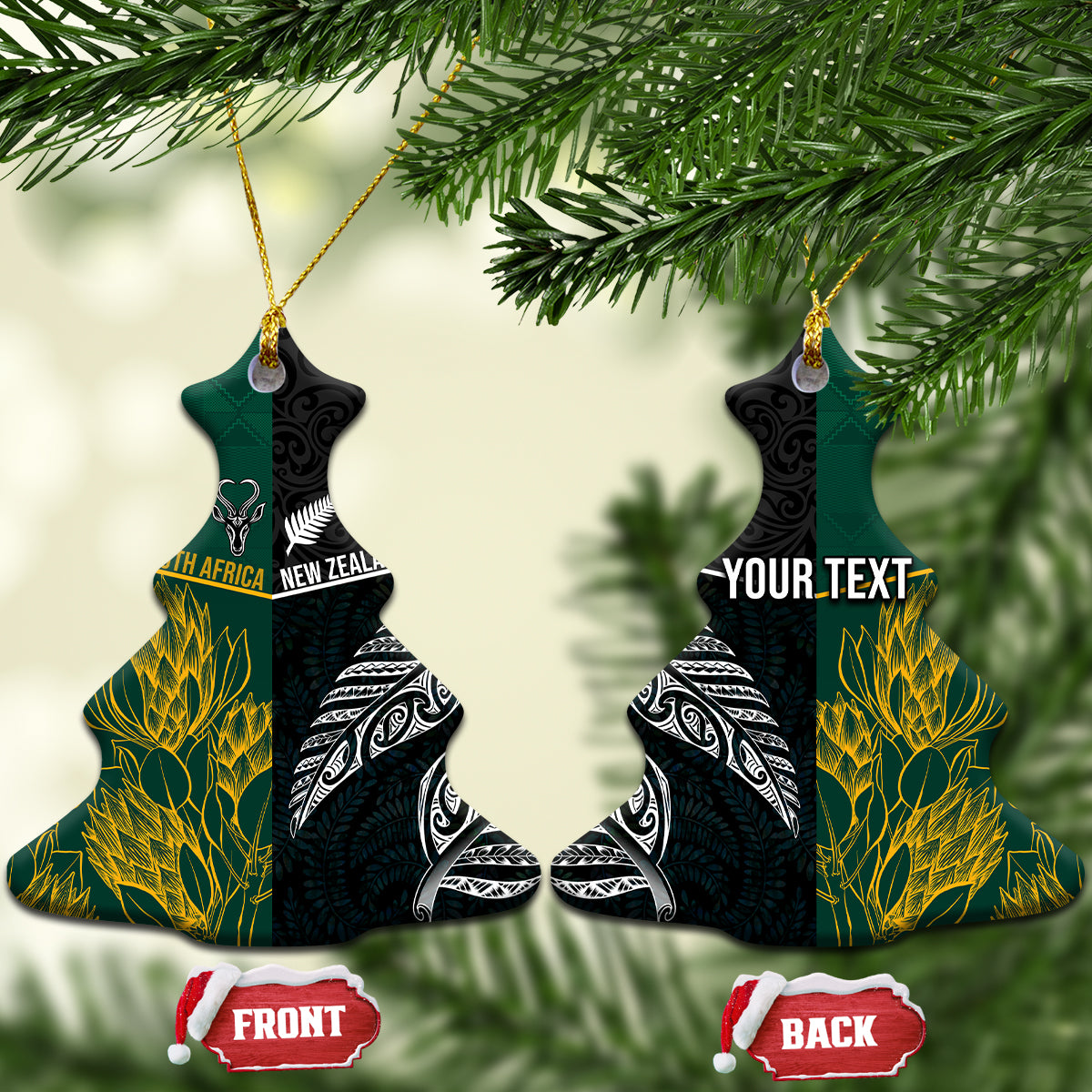 Personalised South Africa and New Zealand Ceramic Ornament King Protea and Silver Fern Mix Culture Pattern LT03 Christmas Tree Black - Polynesian Pride