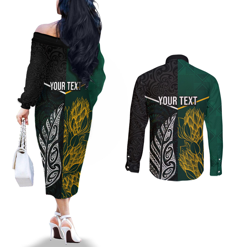 Personalised South Africa and New Zealand Couples Matching Off The Shoulder Long Sleeve Dress and Long Sleeve Button Shirt King Protea and Silver Fern Mix Culture Pattern LT03 - Polynesian Pride