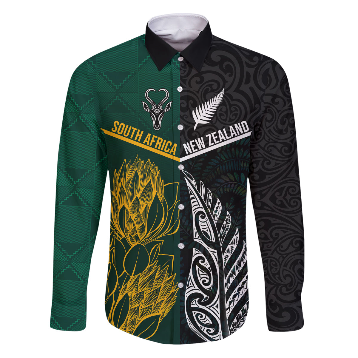 Personalised South Africa and New Zealand Family Matching Puletasi Dress and Hawaiian Shirt King Protea and Silver Fern Mix Culture Pattern LT03 Dad's Shirt - Long Sleeve Black - Polynesian Pride
