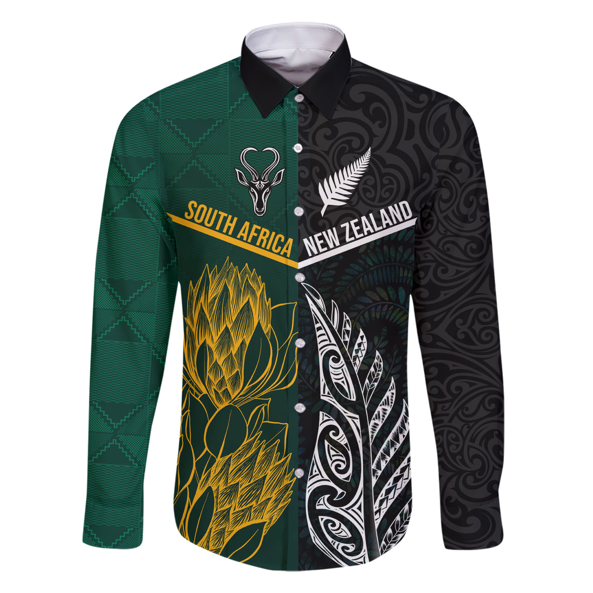 Personalised South Africa and New Zealand Family Matching Short Sleeve Bodycon Dress and Hawaiian Shirt King Protea and Silver Fern Mix Culture Pattern LT03 Dad's Shirt - Long Sleeve Black - Polynesian Pride