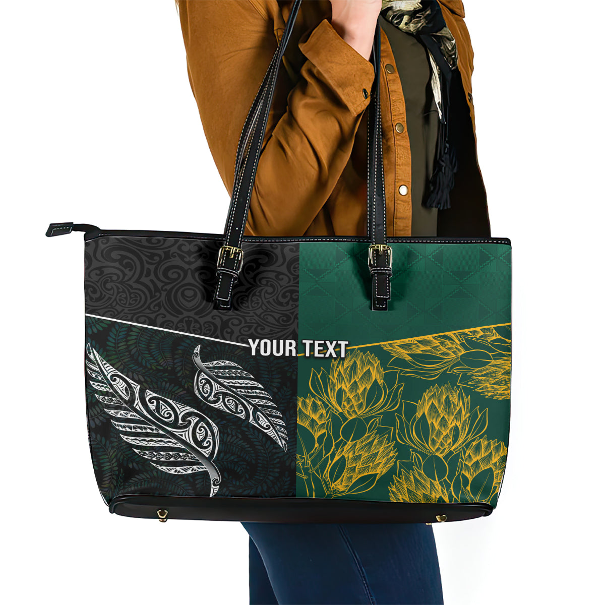 Personalised South Africa and New Zealand Leather Tote Bag King Protea and Silver Fern Mix Culture Pattern LT03 - Polynesian Pride