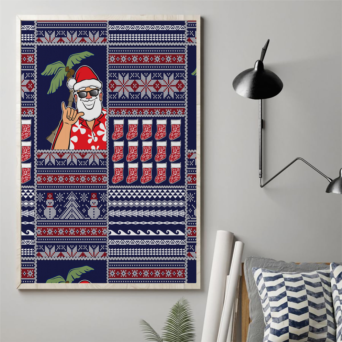 Hawaii Mele Kalikimaka Canvas Wall Art Aloha and Christmas Elements Patchwork Blue Style LT03 - Polynesian Pride