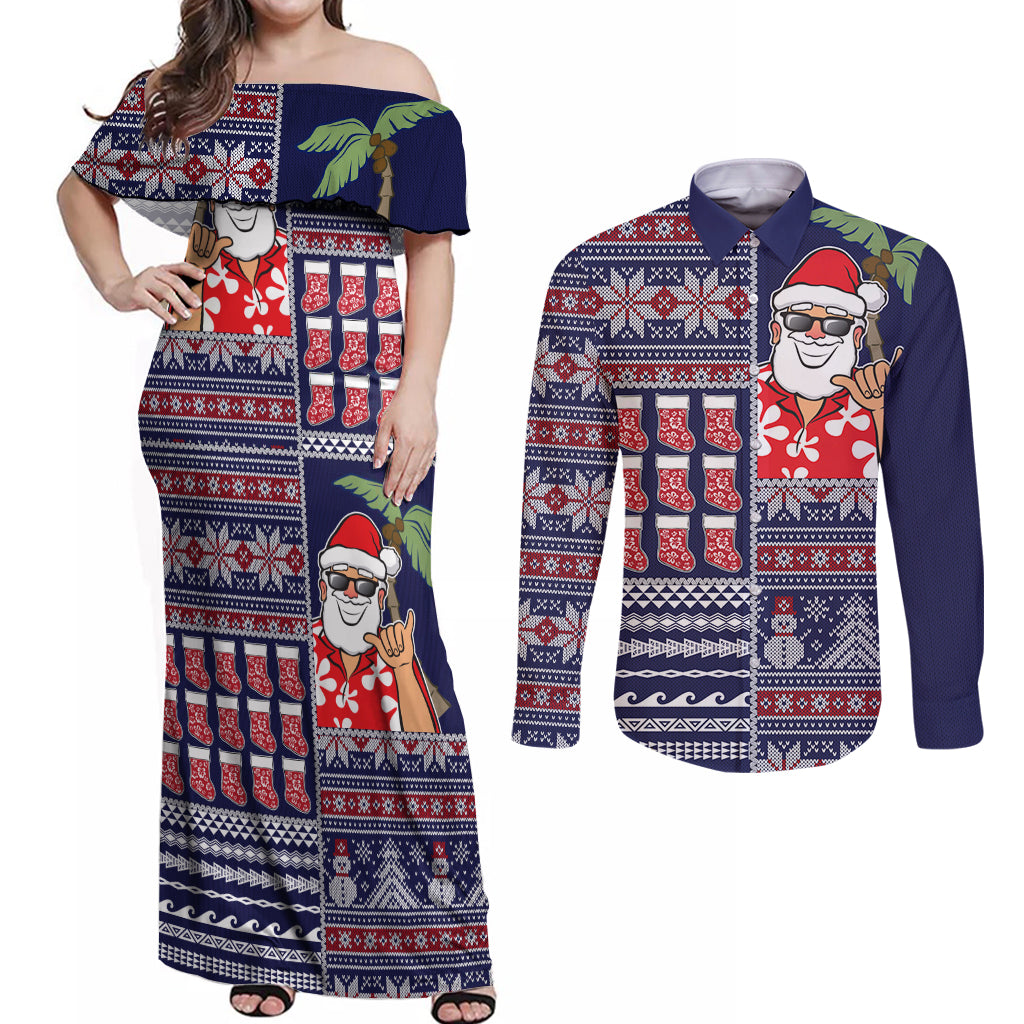 Hawaii Mele Kalikimaka Couples Matching Off Shoulder Maxi Dress and Long Sleeve Button Shirt Aloha and Christmas Elements Patchwork Blue Style LT03 Blue - Polynesian Pride
