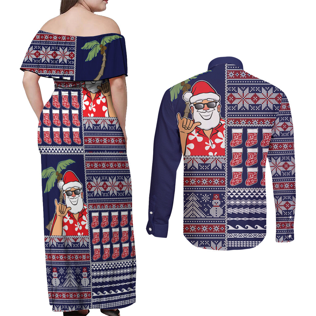 Hawaii Mele Kalikimaka Couples Matching Off Shoulder Maxi Dress and Long Sleeve Button Shirt Aloha and Christmas Elements Patchwork Blue Style LT03 - Polynesian Pride