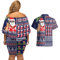 Hawaii Mele Kalikimaka Couples Matching Off Shoulder Short Dress and Hawaiian Shirt Aloha and Christmas Elements Patchwork Blue Style LT03 - Polynesian Pride