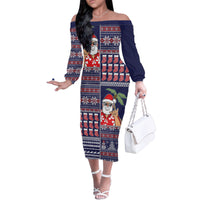 Hawaii Mele Kalikimaka Family Matching Off Shoulder Long Sleeve Dress and Hawaiian Shirt Aloha and Christmas Elements Patchwork Blue Style LT03 Mom's Dress Blue - Polynesian Pride