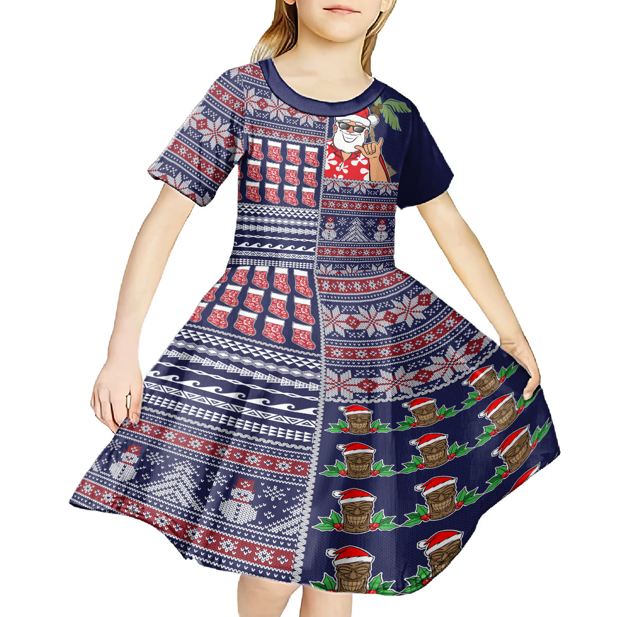 Hawaii Mele Kalikimaka Kid Short Sleeve Dress Aloha and Christmas Elements Patchwork Blue Style LT03 - Polynesian Pride