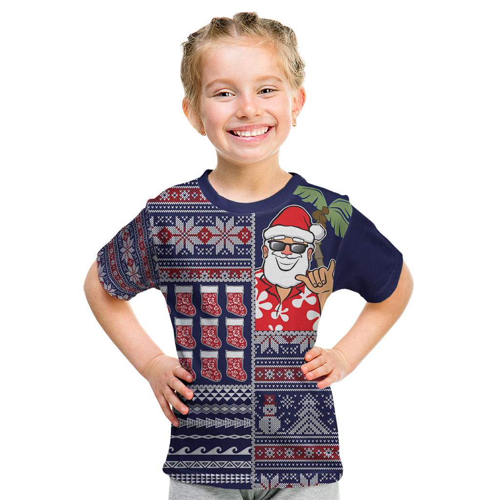 Hawaii Mele Kalikimaka Kid T Shirt Aloha and Christmas Elements Patchwork Blue Style LT03 Blue - Polynesian Pride