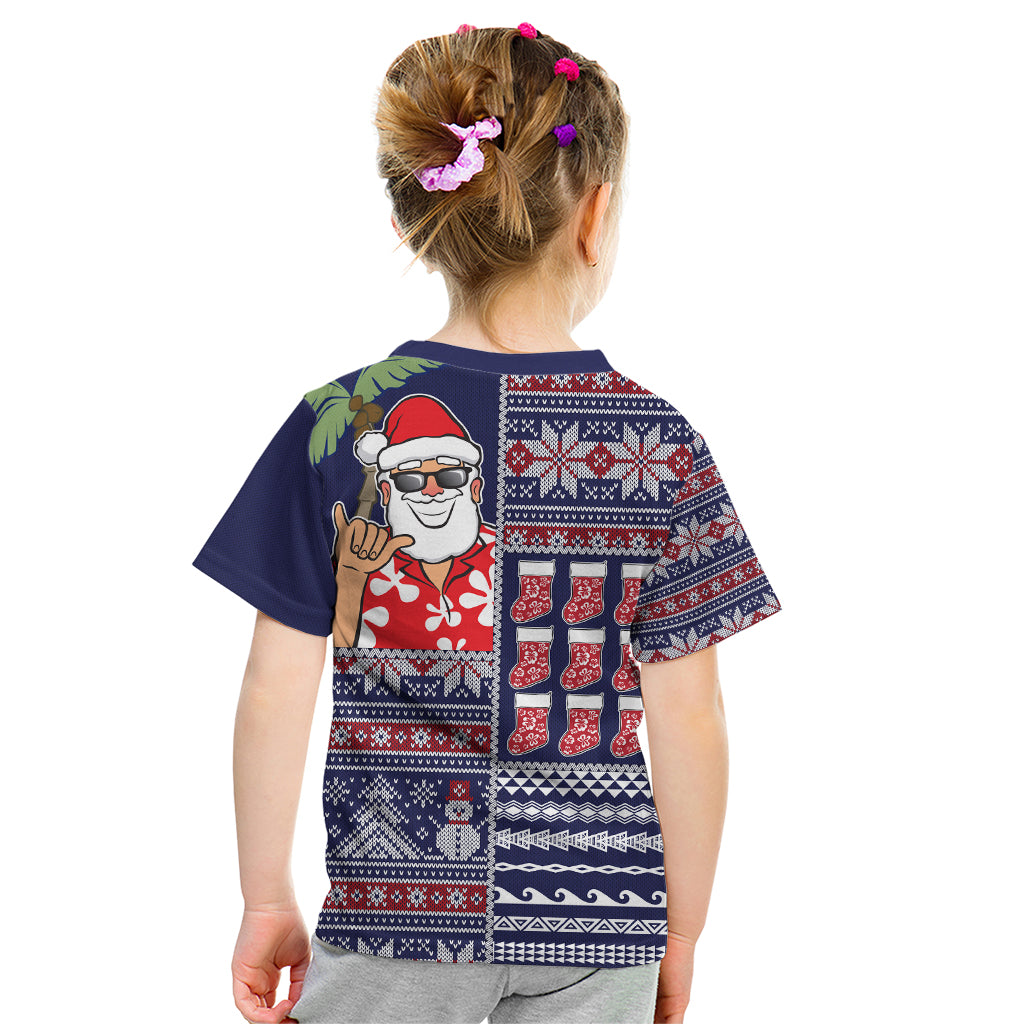 Hawaii Mele Kalikimaka Kid T Shirt Aloha and Christmas Elements Patchwork Blue Style LT03 - Polynesian Pride