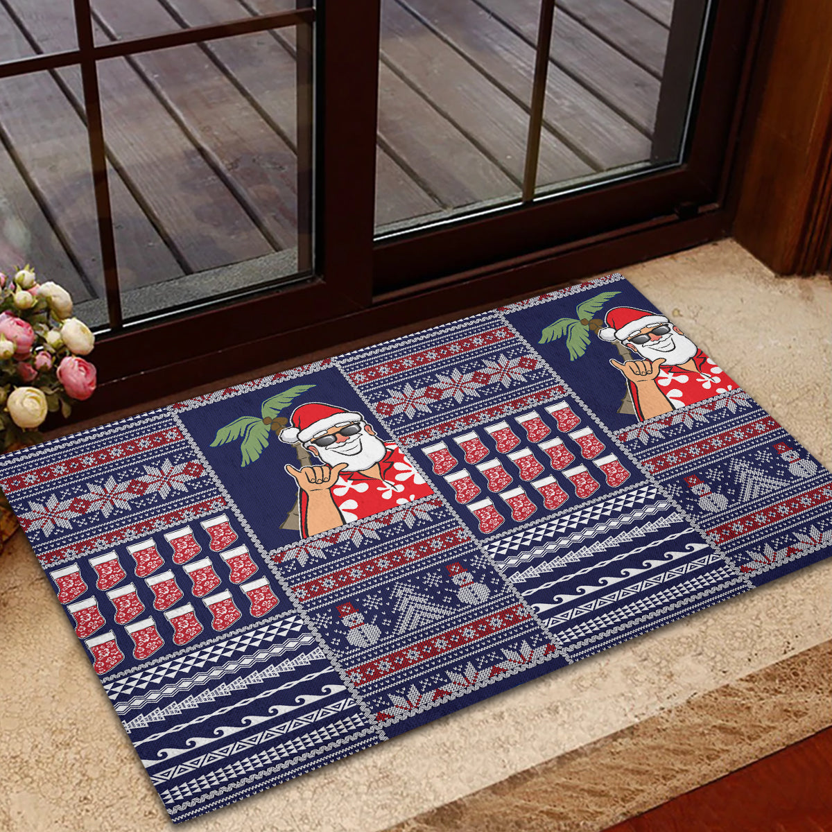 Hawaii Mele Kalikimaka Rubber Doormat Aloha and Christmas Elements Patchwork Blue Style LT03 - Polynesian Pride