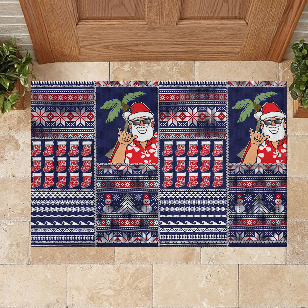 Hawaii Mele Kalikimaka Rubber Doormat Aloha and Christmas Elements Patchwork Blue Style LT03 - Polynesian Pride