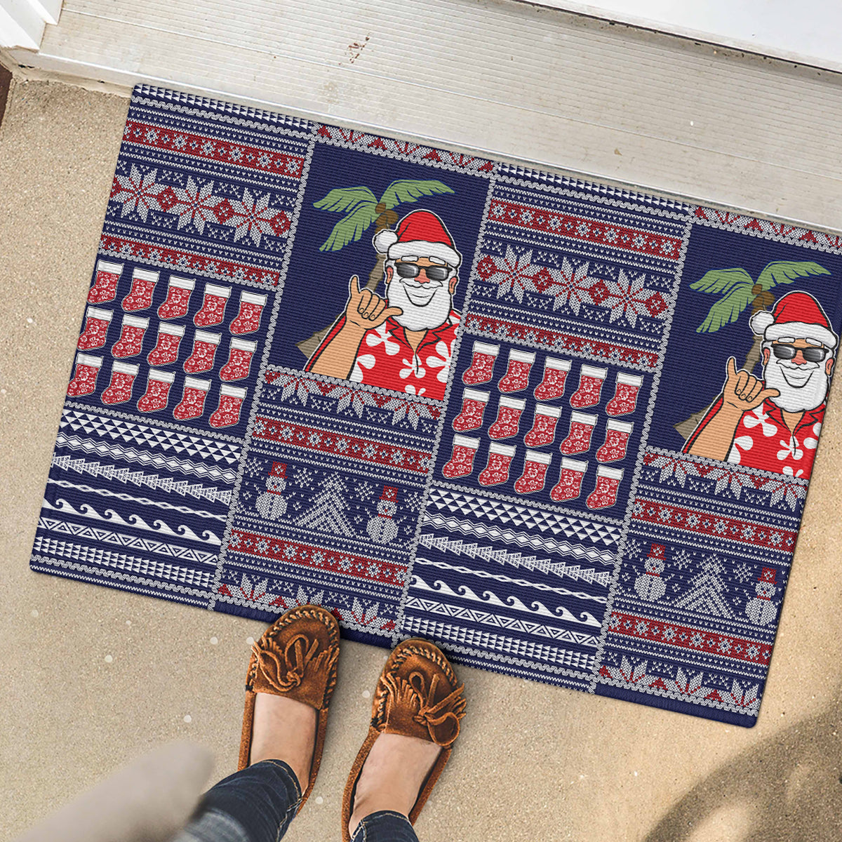 Hawaii Mele Kalikimaka Rubber Doormat Aloha and Christmas Elements Patchwork Blue Style LT03 - Polynesian Pride