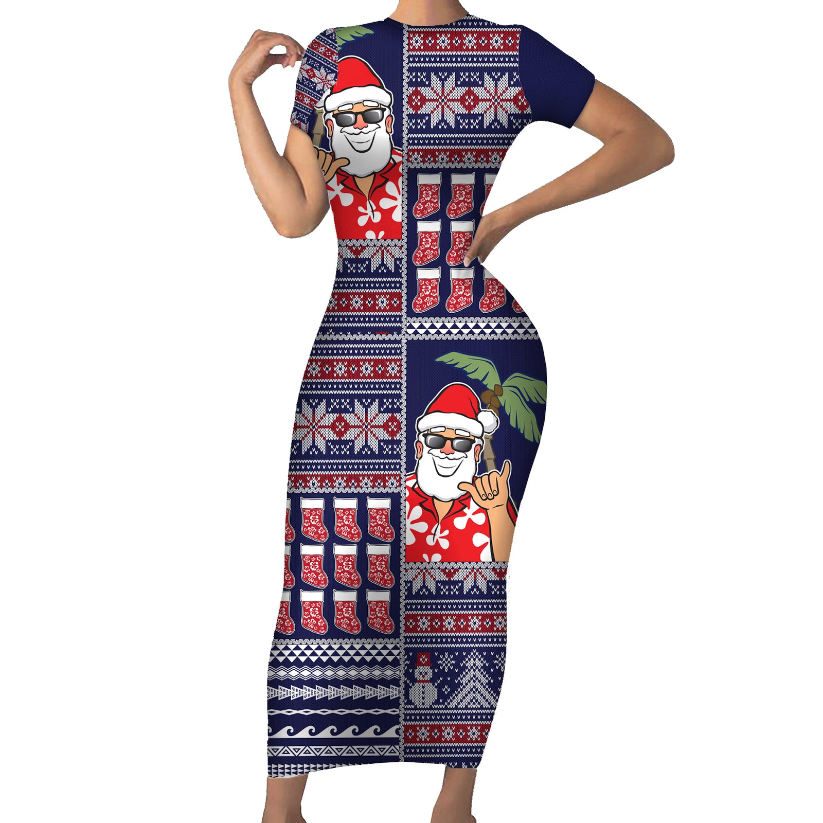 Hawaii Mele Kalikimaka Short Sleeve Bodycon Dress Aloha and Christmas Elements Patchwork Blue Style LT03 Long Dress Blue - Polynesian Pride