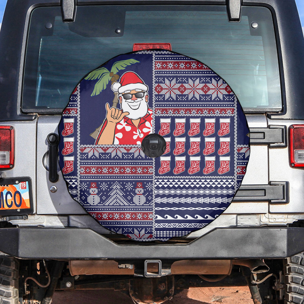Hawaii Mele Kalikimaka Spare Tire Cover Aloha and Christmas Elements Patchwork Blue Style LT03 - Polynesian Pride