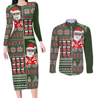 Hawaii Mele Kalikimaka Couples Matching Long Sleeve Bodycon Dress and Long Sleeve Button Shirt Aloha and Christmas Elements Patchwork Green Style LT03 Green - Polynesian Pride