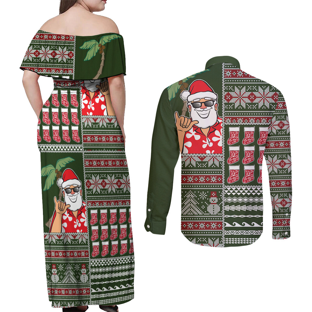 Hawaii Mele Kalikimaka Couples Matching Off Shoulder Maxi Dress and Long Sleeve Button Shirt Aloha and Christmas Elements Patchwork Green Style LT03 - Polynesian Pride
