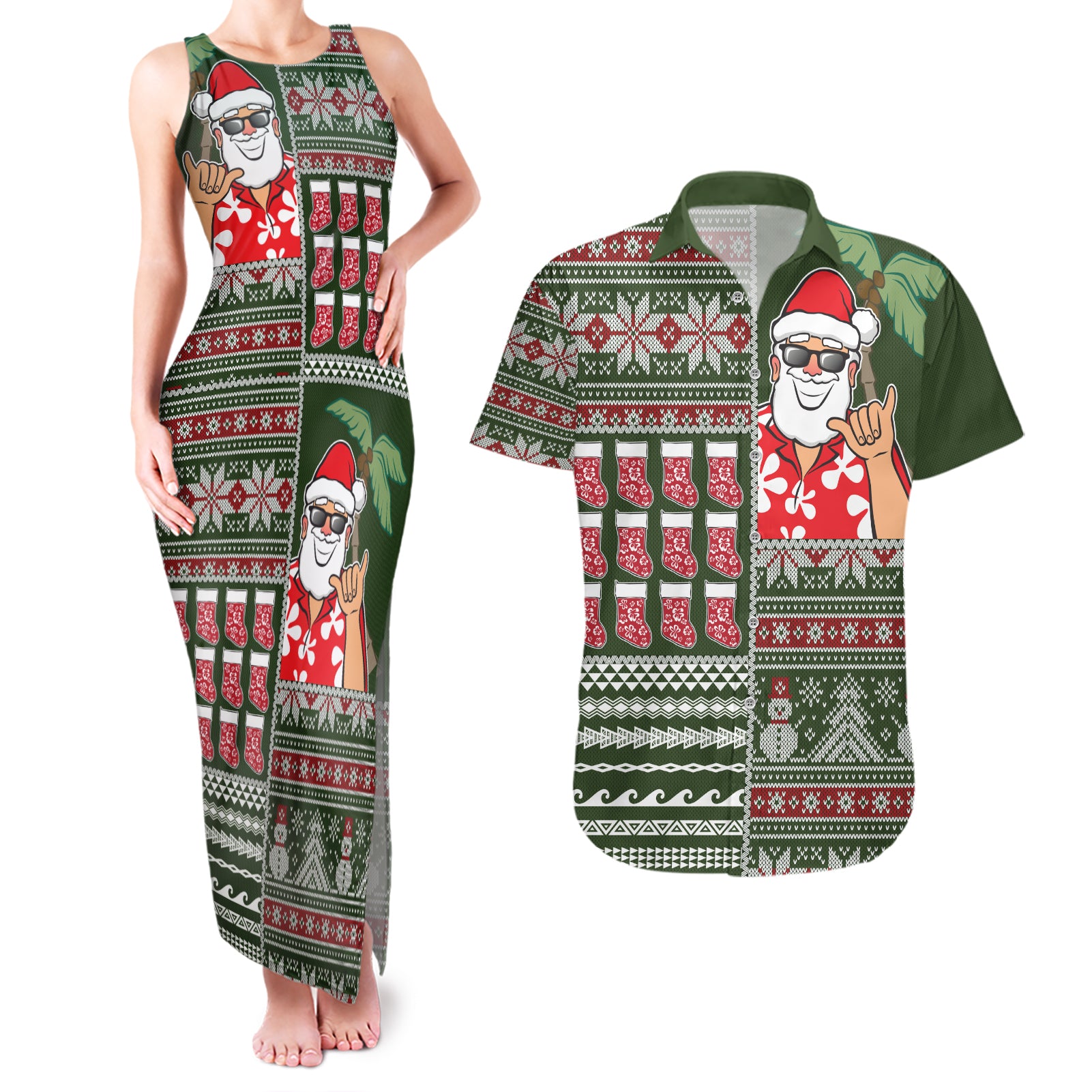 Hawaii Mele Kalikimaka Couples Matching Tank Maxi Dress and Hawaiian Shirt Aloha and Christmas Elements Patchwork Green Style LT03 Green - Polynesian Pride