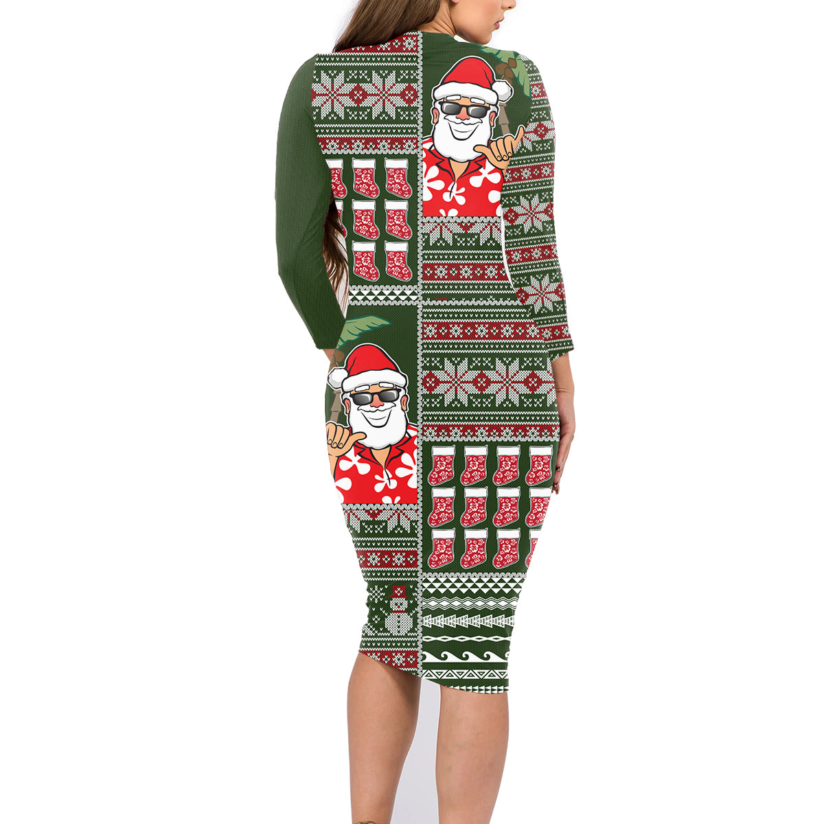 Hawaii Mele Kalikimaka Family Matching Long Sleeve Bodycon Dress and Hawaiian Shirt Aloha and Christmas Elements Patchwork Green Style LT03 - Polynesian Pride