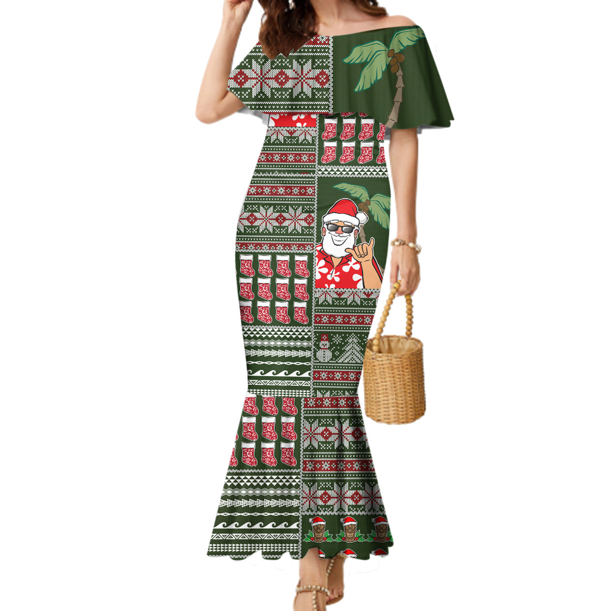Hawaii Mele Kalikimaka Family Matching Mermaid Dress and Hawaiian Shirt Aloha and Christmas Elements Patchwork Green Style LT03 Mom's Dress Green - Polynesian Pride