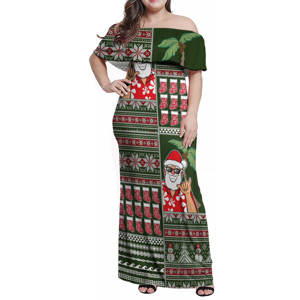 Hawaii Mele Kalikimaka Family Matching Off Shoulder Maxi Dress and Hawaiian Shirt Aloha and Christmas Elements Patchwork Green Style LT03 Mom's Dress Green - Polynesian Pride