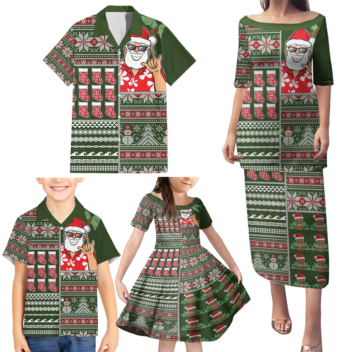 Hawaii Mele Kalikimaka Family Matching Puletasi Dress and Hawaiian Shirt Aloha and Christmas Elements Patchwork Green Style LT03 - Polynesian Pride