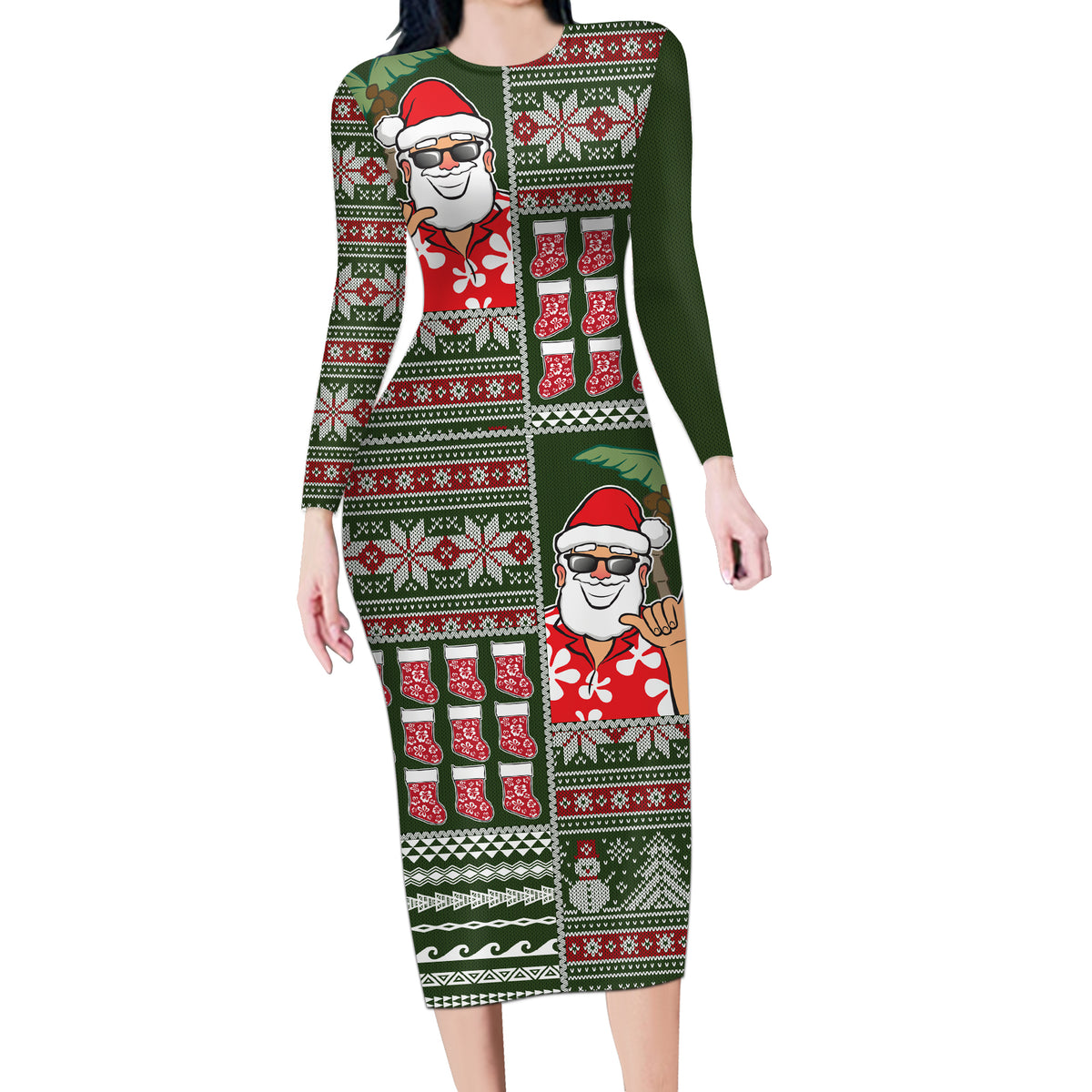 Hawaii Mele Kalikimaka Long Sleeve Bodycon Dress Aloha and Christmas Elements Patchwork Green Style LT03 Long Dress Green - Polynesian Pride