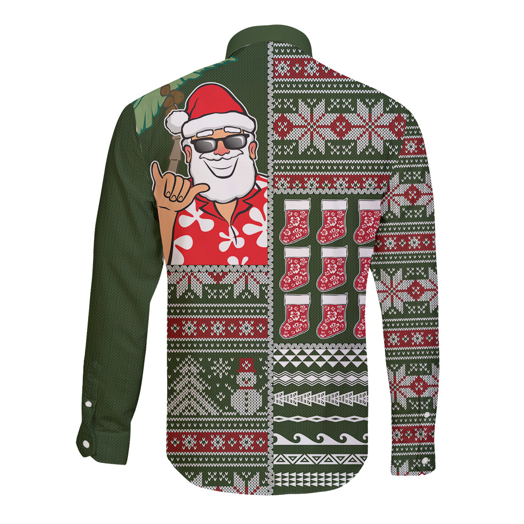 Hawaii Mele Kalikimaka Long Sleeve Button Shirt Aloha and Christmas Elements Patchwork Green Style LT03 - Polynesian Pride