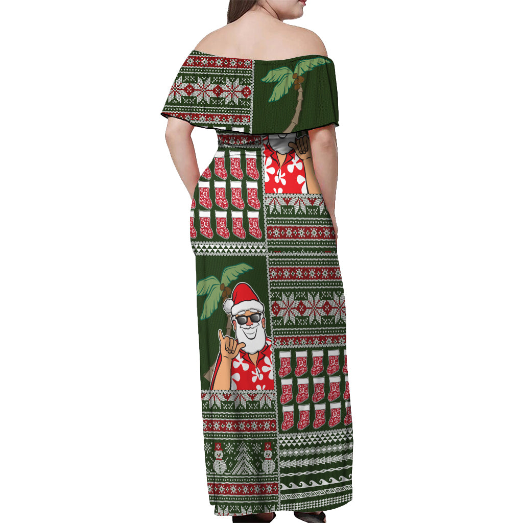 Hawaii Mele Kalikimaka Off Shoulder Maxi Dress Aloha and Christmas Elements Patchwork Green Style LT03 - Polynesian Pride