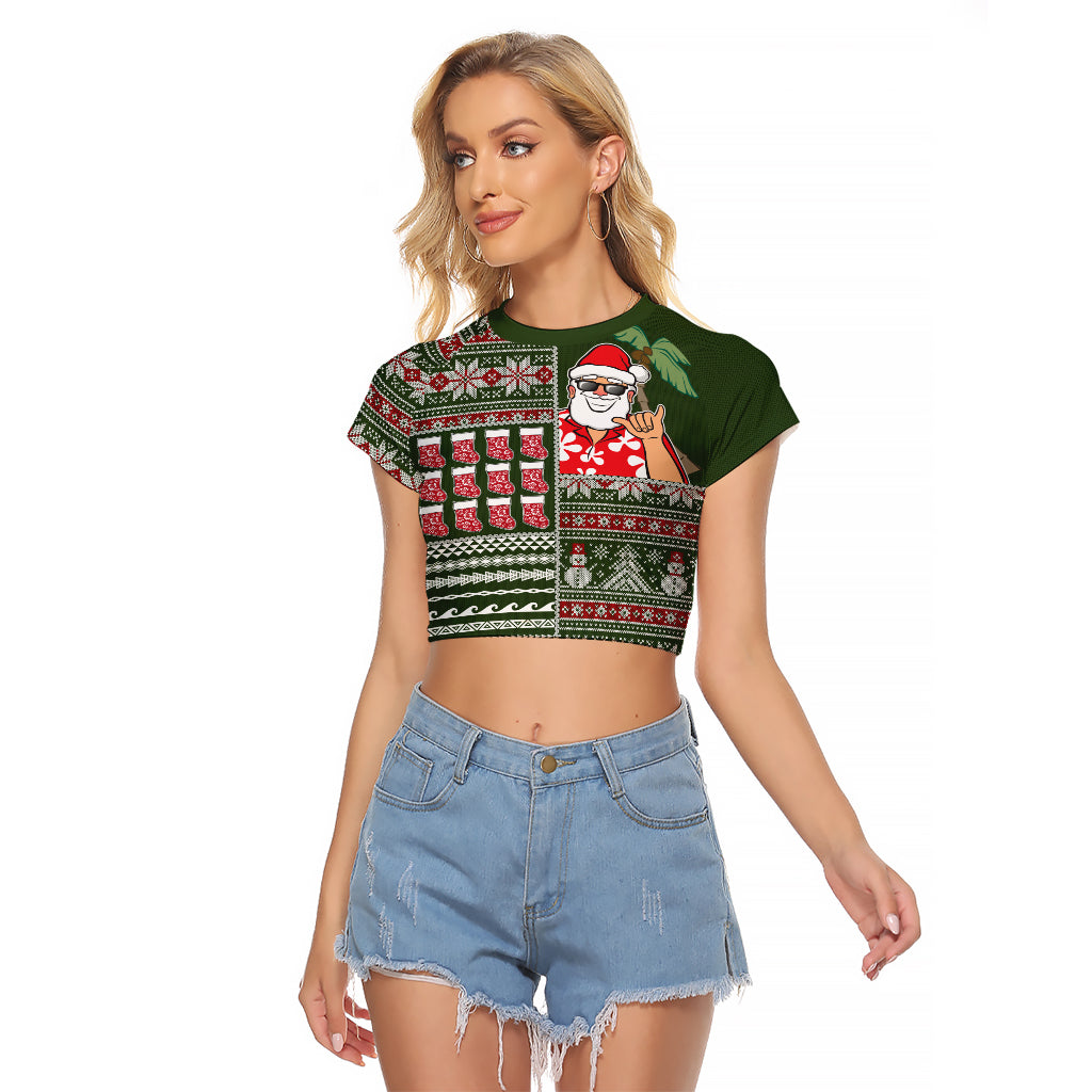 Hawaii Mele Kalikimaka Raglan Cropped T Shirt Aloha and Christmas Elements Patchwork Green Style LT03 Female Green - Polynesian Pride