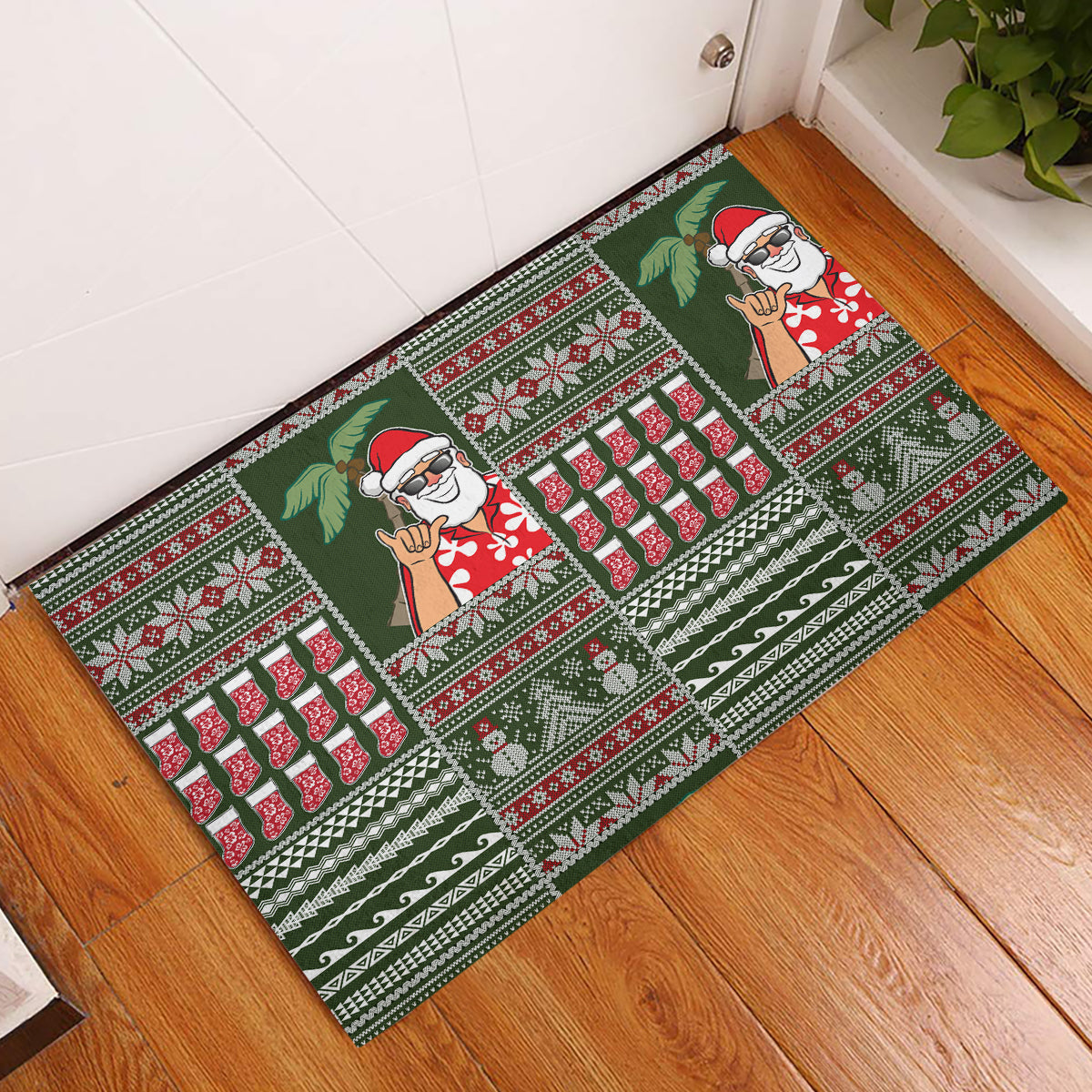 Hawaii Mele Kalikimaka Rubber Doormat Aloha and Christmas Elements Patchwork Green Style LT03 Green - Polynesian Pride