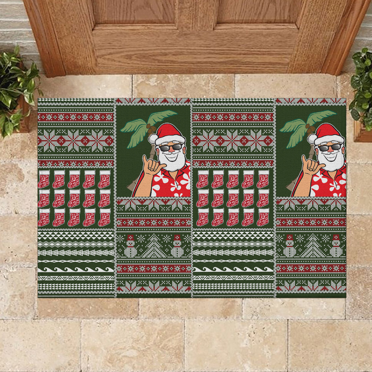 Hawaii Mele Kalikimaka Rubber Doormat Aloha and Christmas Elements Patchwork Green Style LT03 - Polynesian Pride