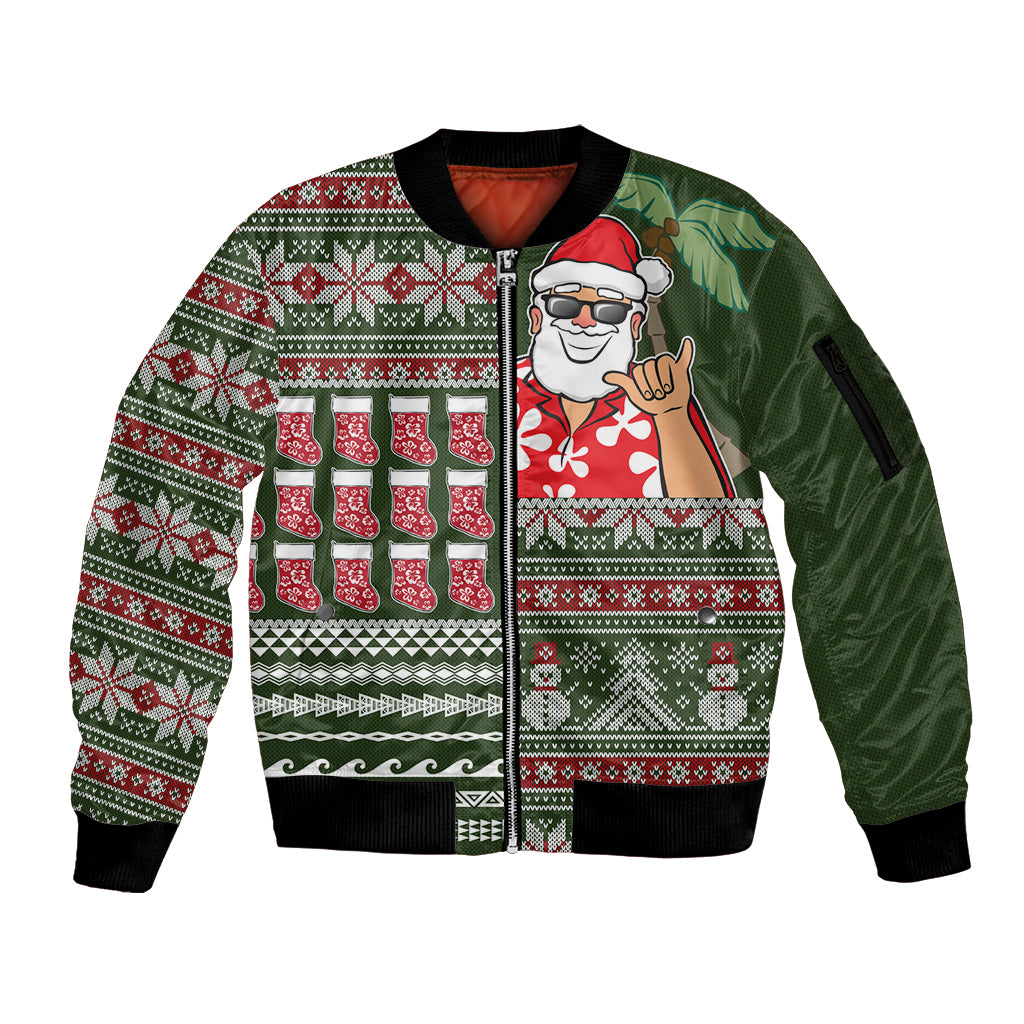 Hawaii Mele Kalikimaka Sleeve Zip Bomber Jacket Aloha and Christmas Elements Patchwork Green Style LT03 Unisex Green - Polynesian Pride