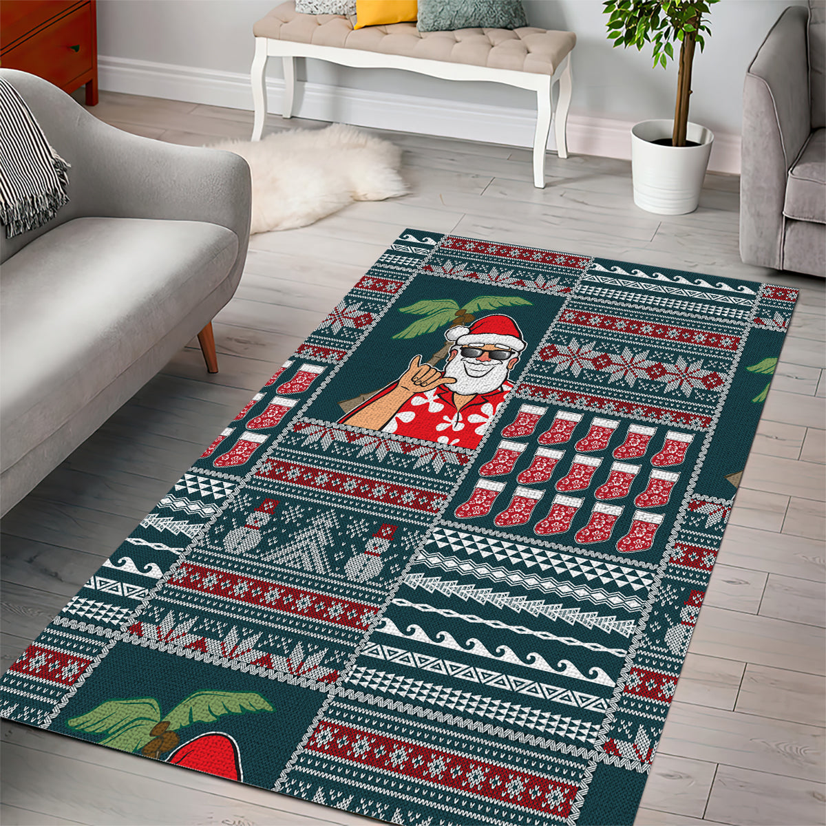 Hawaii Mele Kalikimaka Area Rug Aloha and Christmas Elements Patchwork Turquoise Style LT03 - Polynesian Pride