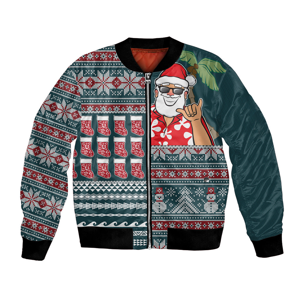 Hawaii Mele Kalikimaka Bomber Jacket Aloha and Christmas Elements Patchwork Turquoise Style LT03 Unisex Turquoise - Polynesian Pride