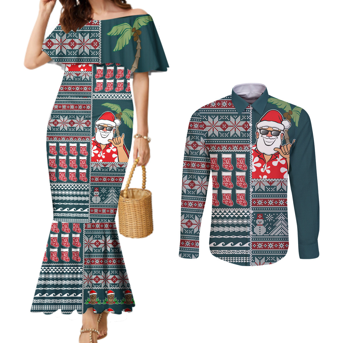 Hawaii Mele Kalikimaka Couples Matching Mermaid Dress and Long Sleeve Button Shirt Aloha and Christmas Elements Patchwork Turquoise Style LT03 Turquoise - Polynesian Pride