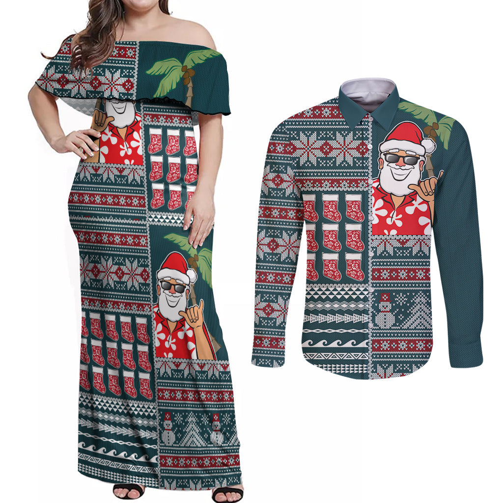 Hawaii Mele Kalikimaka Couples Matching Off Shoulder Maxi Dress and Long Sleeve Button Shirt Aloha and Christmas Elements Patchwork Turquoise Style LT03 Turquoise - Polynesian Pride