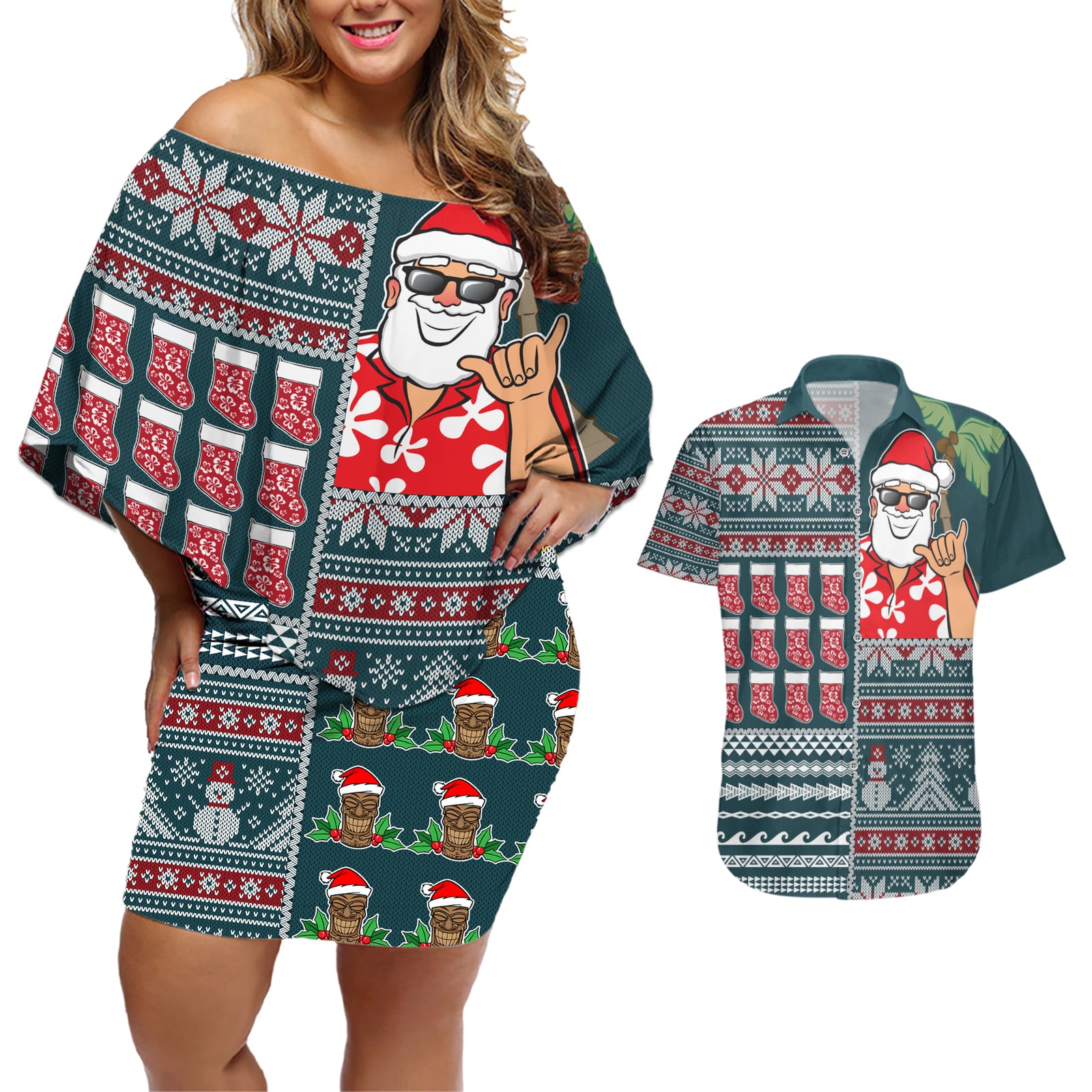 Hawaii Mele Kalikimaka Couples Matching Off Shoulder Short Dress and Hawaiian Shirt Aloha and Christmas Elements Patchwork Turquoise Style LT03 Turquoise - Polynesian Pride