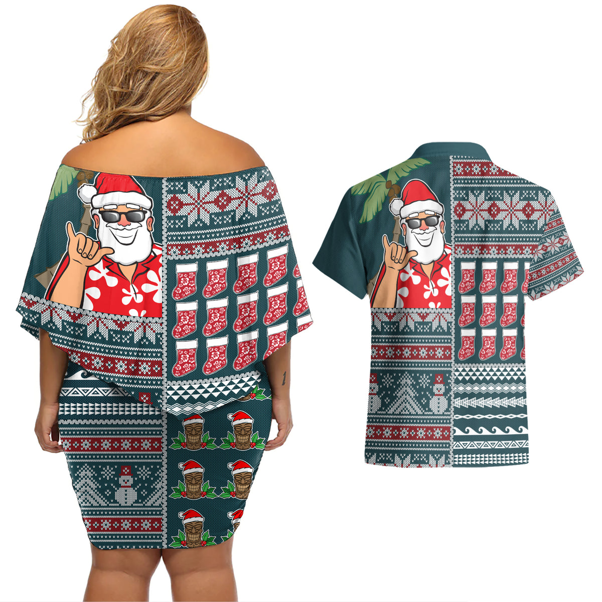 Hawaii Mele Kalikimaka Couples Matching Off Shoulder Short Dress and Hawaiian Shirt Aloha and Christmas Elements Patchwork Turquoise Style LT03 - Polynesian Pride