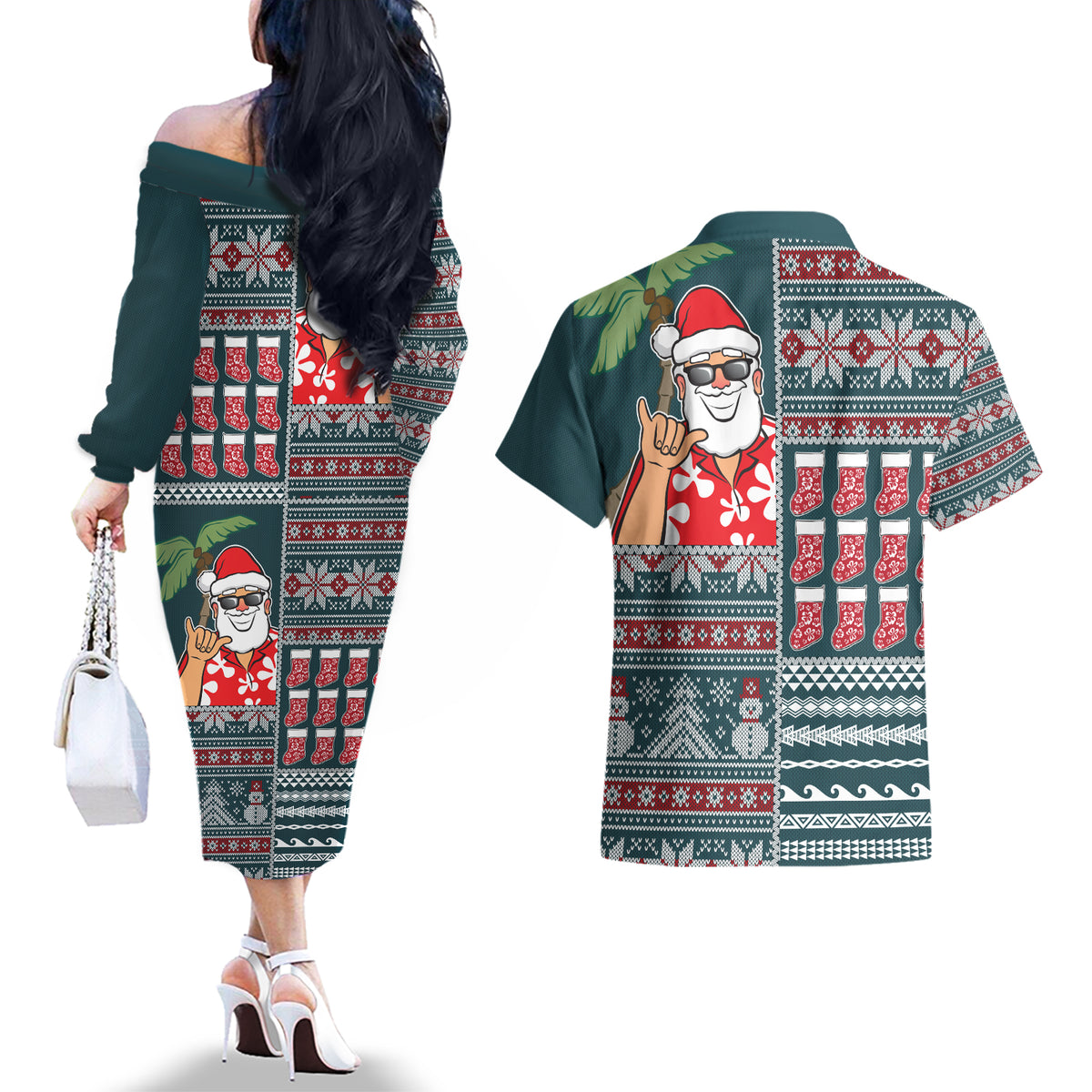 Hawaii Mele Kalikimaka Couples Matching Off The Shoulder Long Sleeve Dress and Hawaiian Shirt Aloha and Christmas Elements Patchwork Turquoise Style LT03 - Polynesian Pride