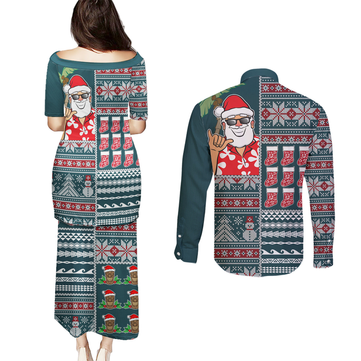 Hawaii Mele Kalikimaka Couples Matching Puletasi Dress and Long Sleeve Button Shirt Aloha and Christmas Elements Patchwork Turquoise Style LT03 - Polynesian Pride