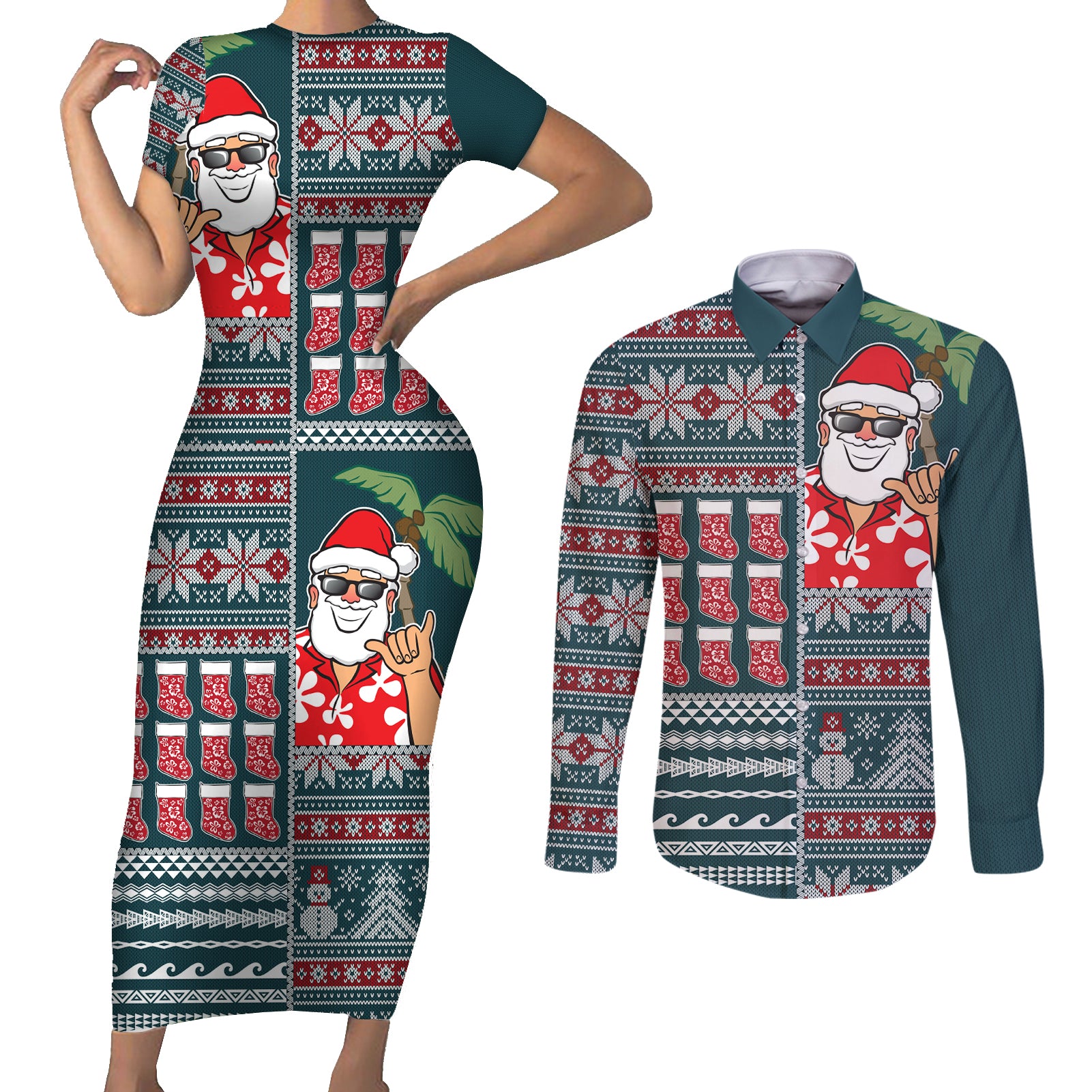 Hawaii Mele Kalikimaka Couples Matching Short Sleeve Bodycon Dress and Long Sleeve Button Shirt Aloha and Christmas Elements Patchwork Turquoise Style LT03 Turquoise - Polynesian Pride