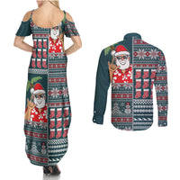 Hawaii Mele Kalikimaka Couples Matching Summer Maxi Dress and Long Sleeve Button Shirt Aloha and Christmas Elements Patchwork Turquoise Style LT03 - Polynesian Pride