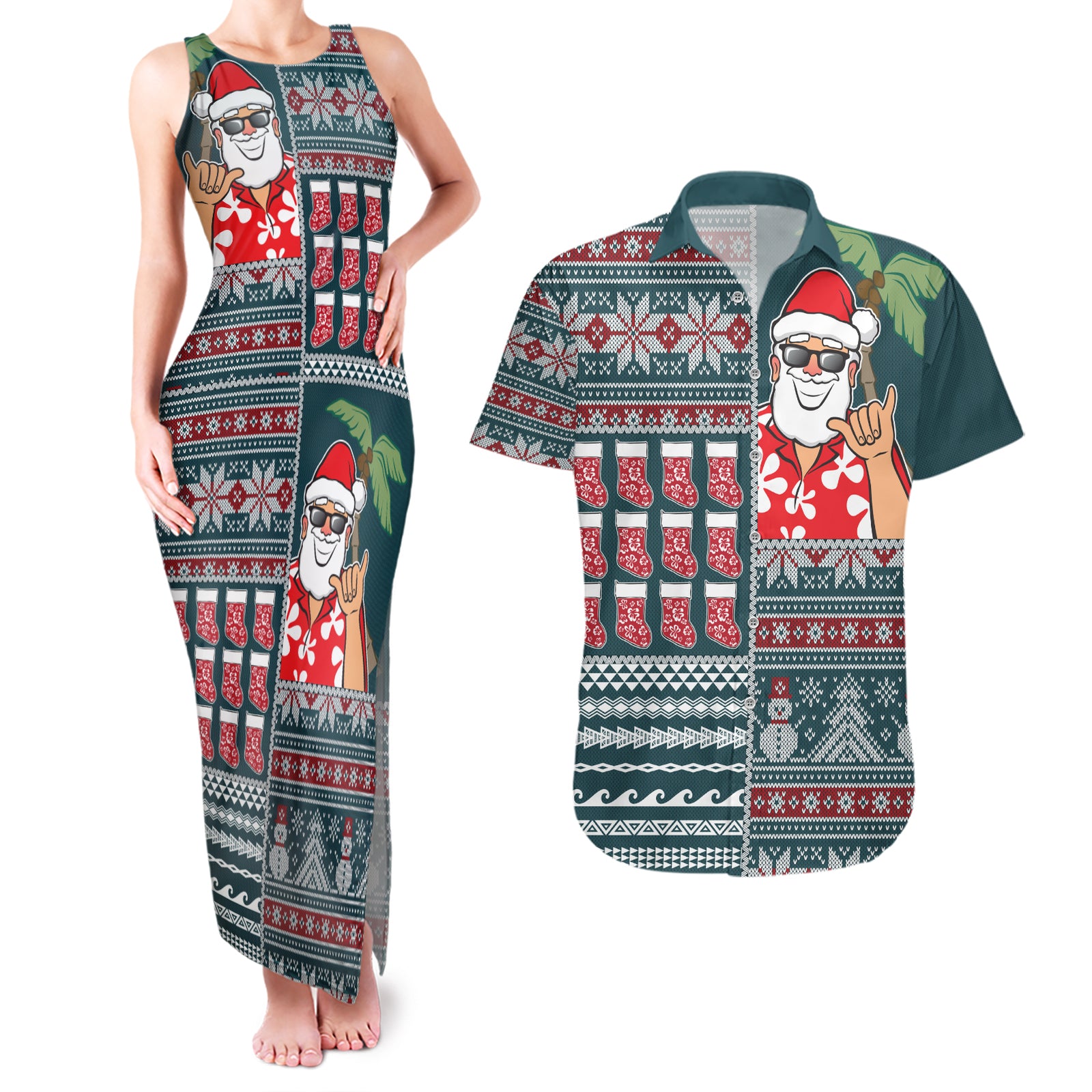 Hawaii Mele Kalikimaka Couples Matching Tank Maxi Dress and Hawaiian Shirt Aloha and Christmas Elements Patchwork Turquoise Style LT03 Turquoise - Polynesian Pride