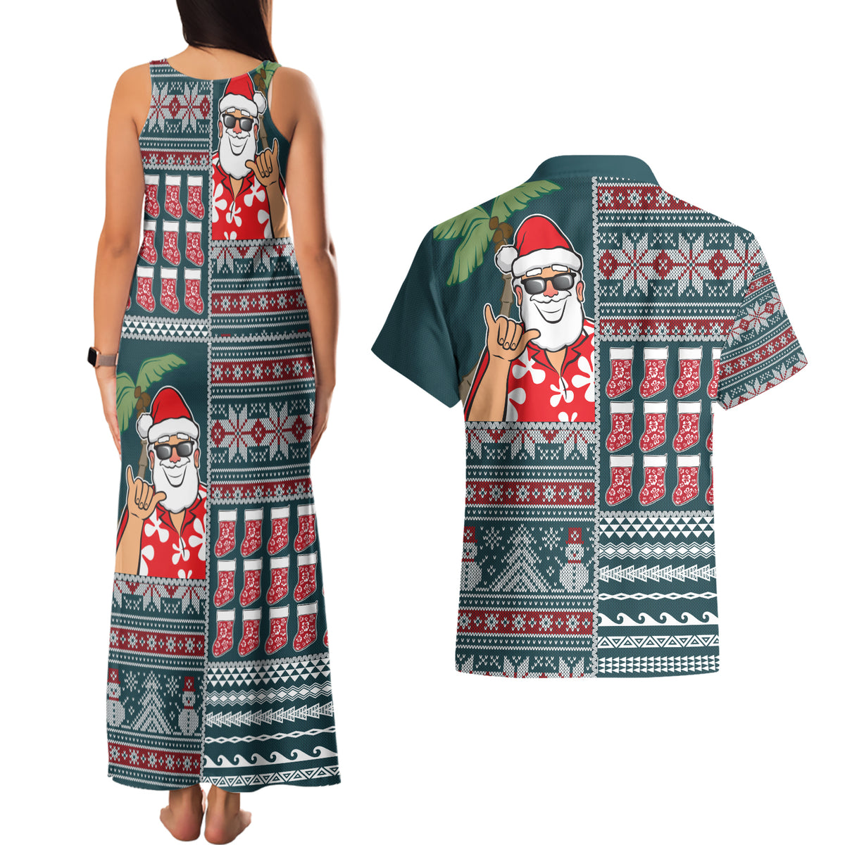 Hawaii Mele Kalikimaka Couples Matching Tank Maxi Dress and Hawaiian Shirt Aloha and Christmas Elements Patchwork Turquoise Style LT03 - Polynesian Pride